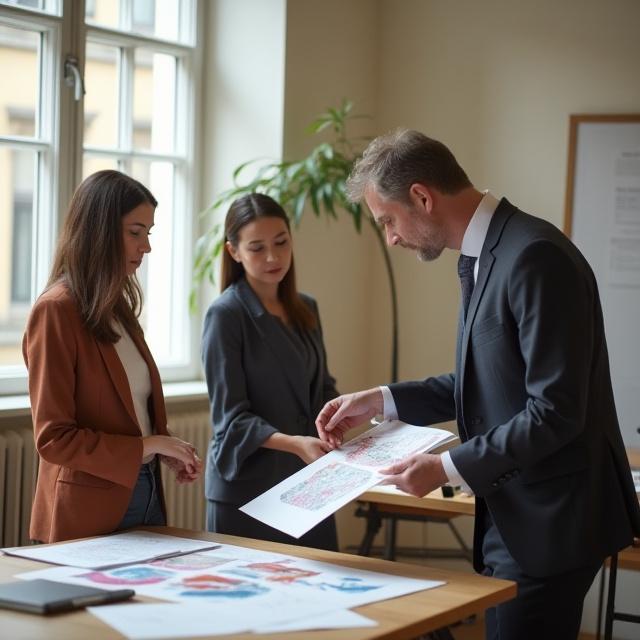 Legal professional reviewing textile samples with a designer