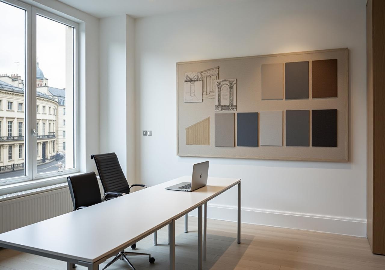 Sophisticated London office interior showing textile samples and law books
