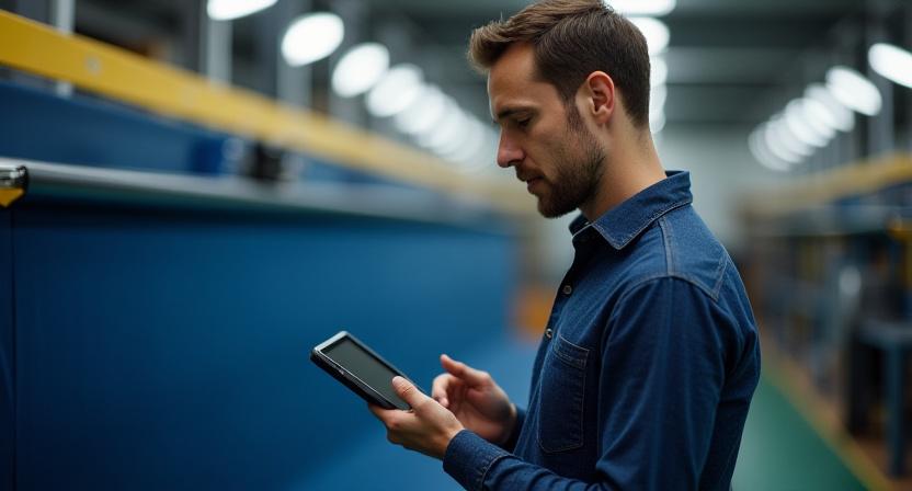 Professional checking textile samples with a digital tablet in a clean warehouse environment